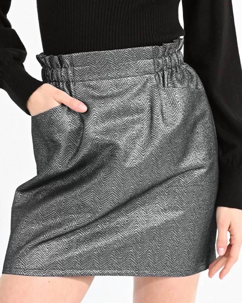 Front of a model wearing a size Large Iridescent Herringbone Mini Skirt In Silver in Silver by MOLLY BRACKEN. | dia_product_style_image_id:360266